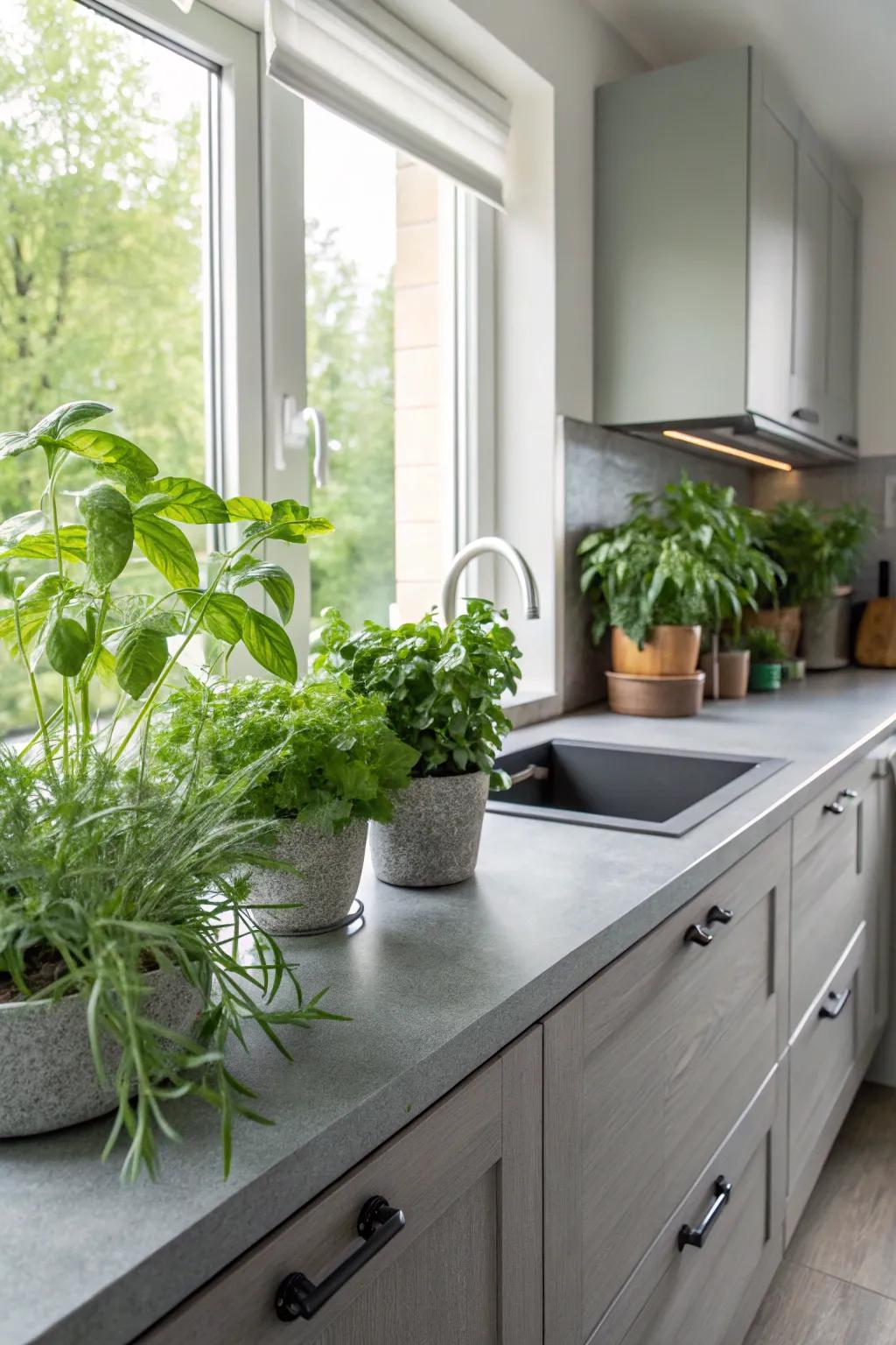 Grey surfaces paired with vibrant verdant flora.