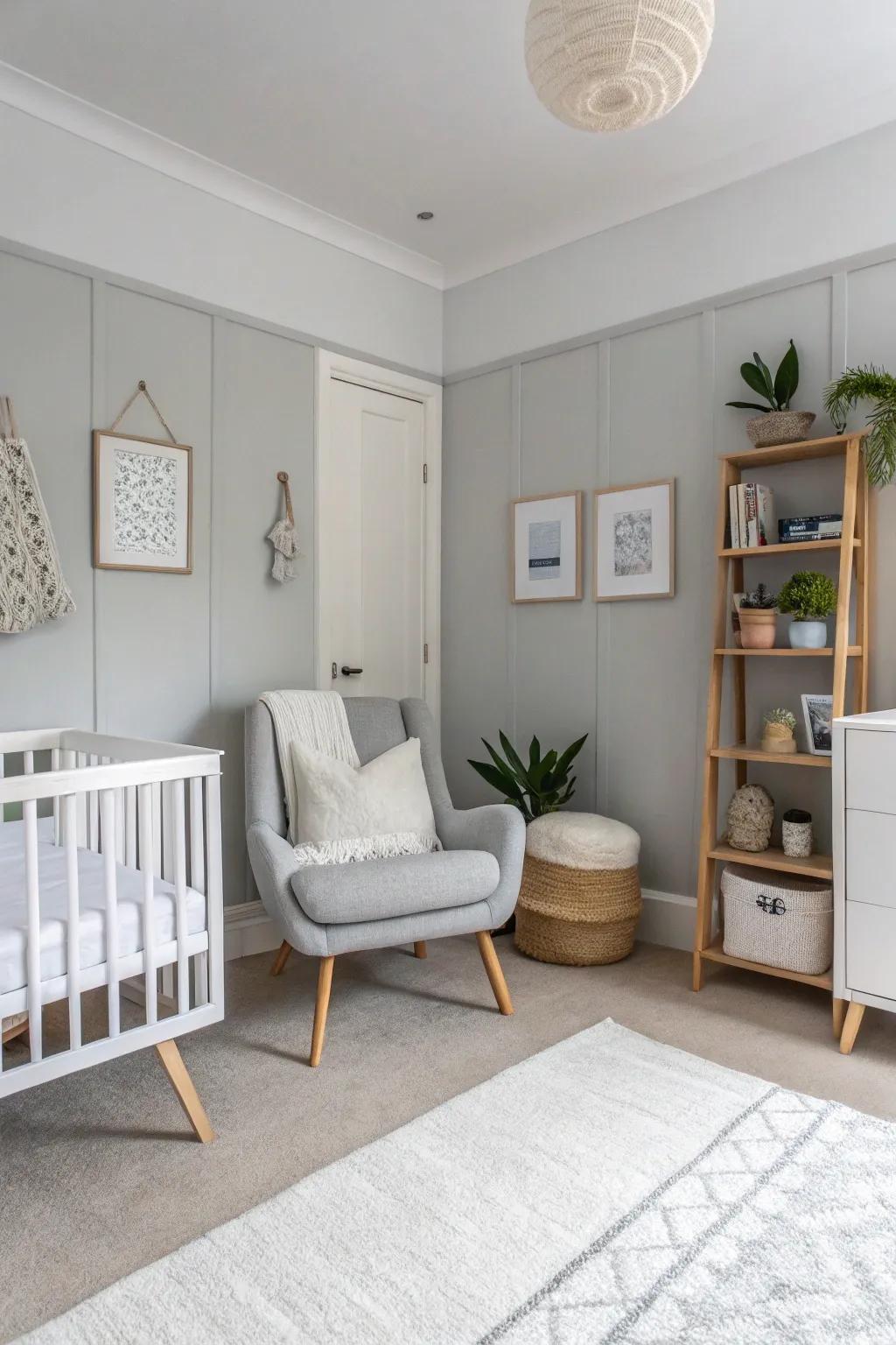 Pristine grey and white create a sophisticated and airy space.