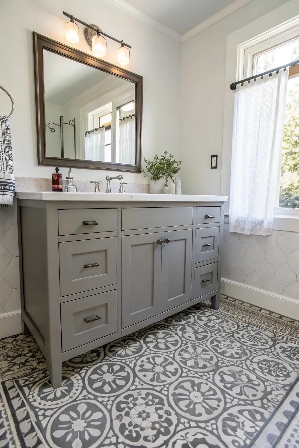 Patterned ground surface appends individuality and enhances the charcoal washstand.