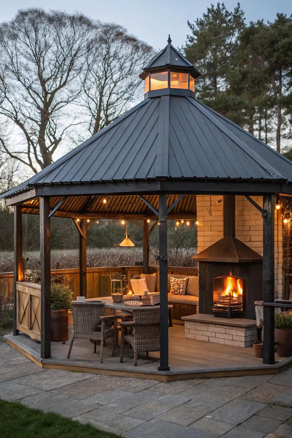 A barbecue shelter with a robust roof, perfect for year-round utilization.