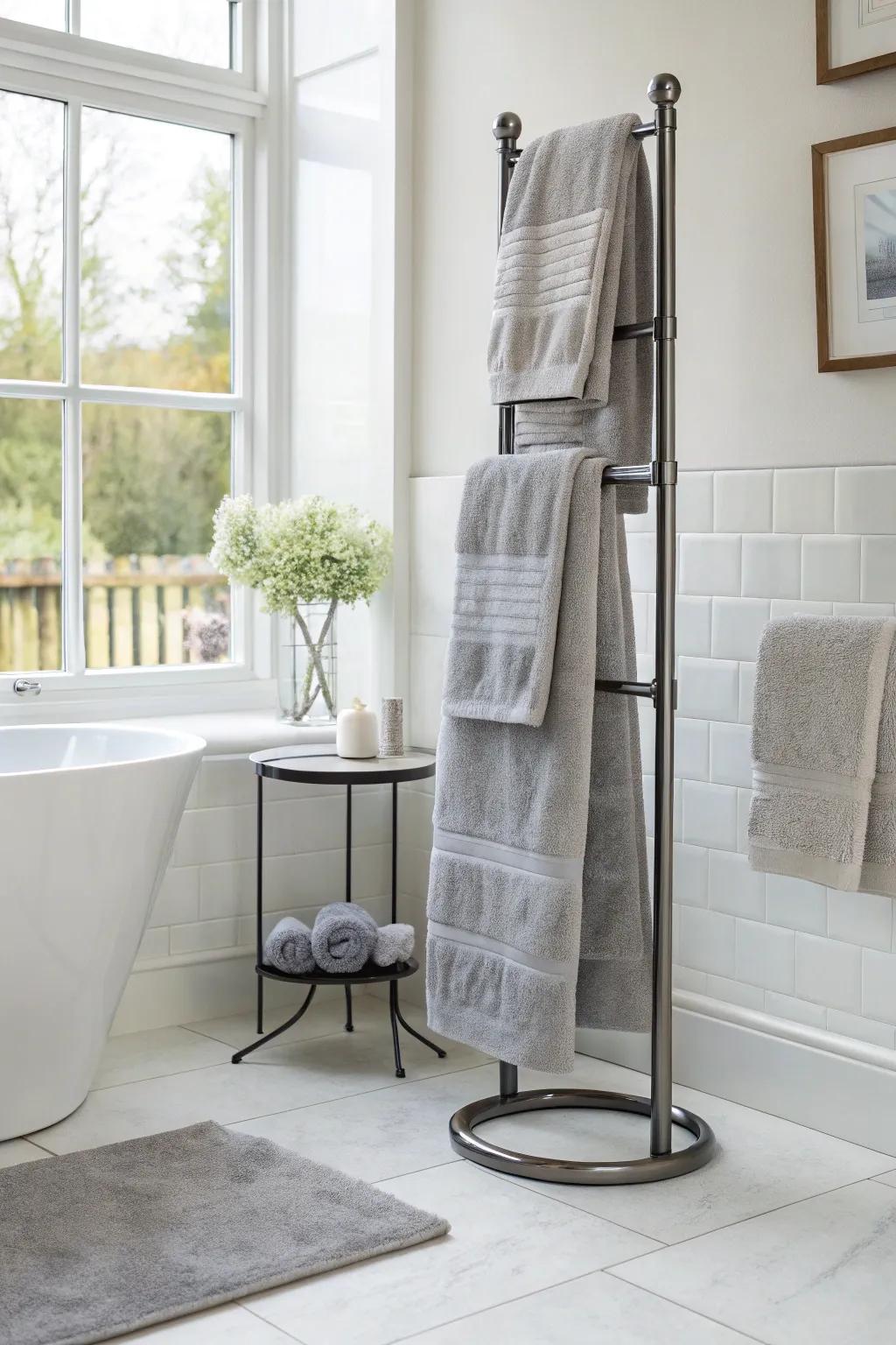 A freestanding towel tree merges style with function.