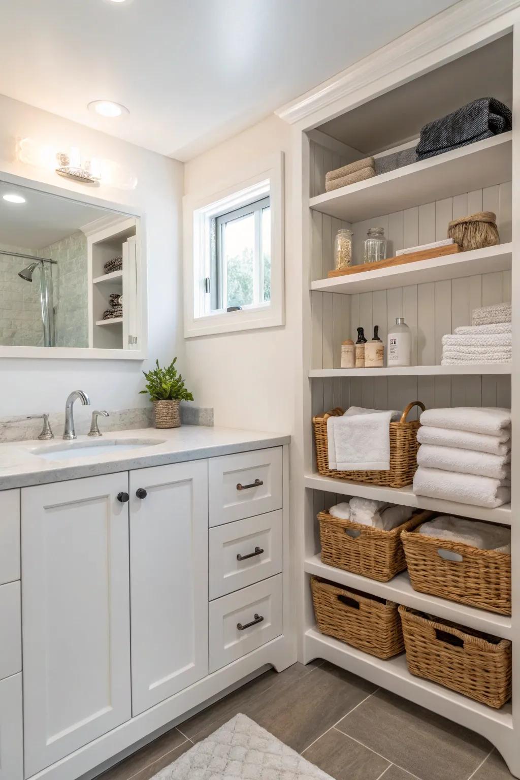 Smart storage options keep this guest bathroom organized and stylish.