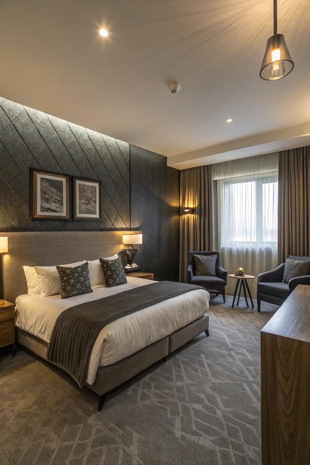 A fashionable guest room showcasing bold charcoal contrasts.