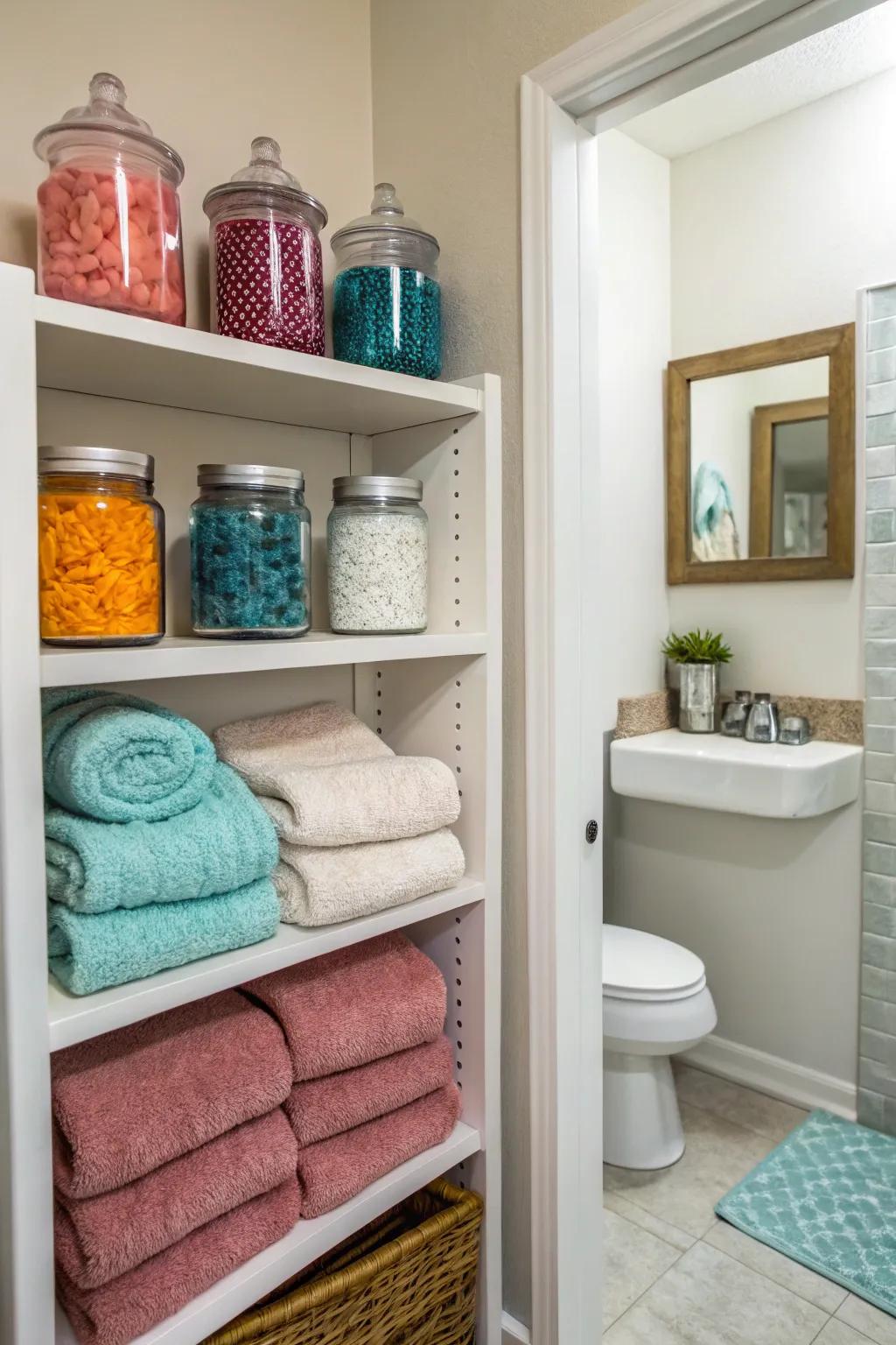 Exposed shelving offers practical storage while enhancing your decor.