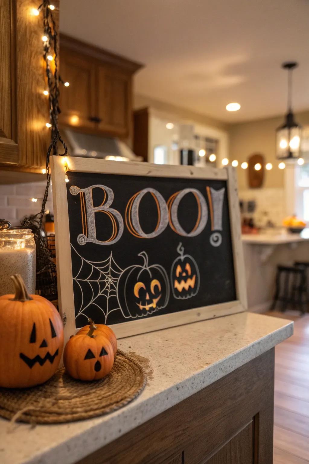A playful placard adding humor to Halloween decoration.