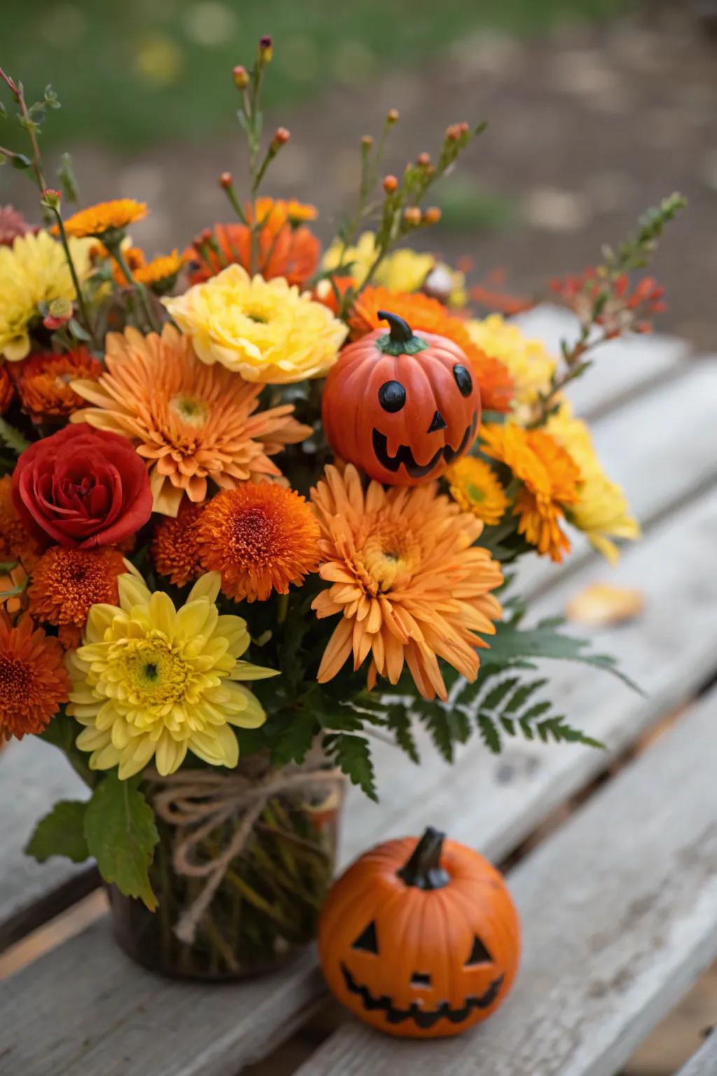 Diminutive Jack-o'-Lanterns amplify a celebratory flourish to floral arrangements.