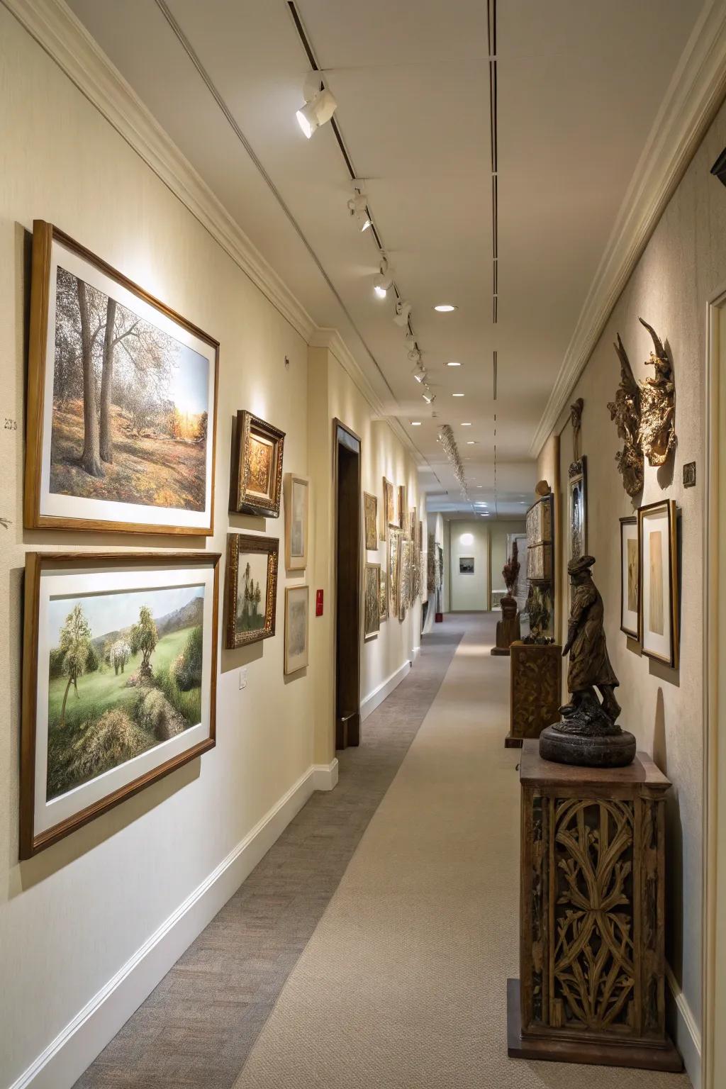 Themed galleries contribute depth and storytelling to corridors.