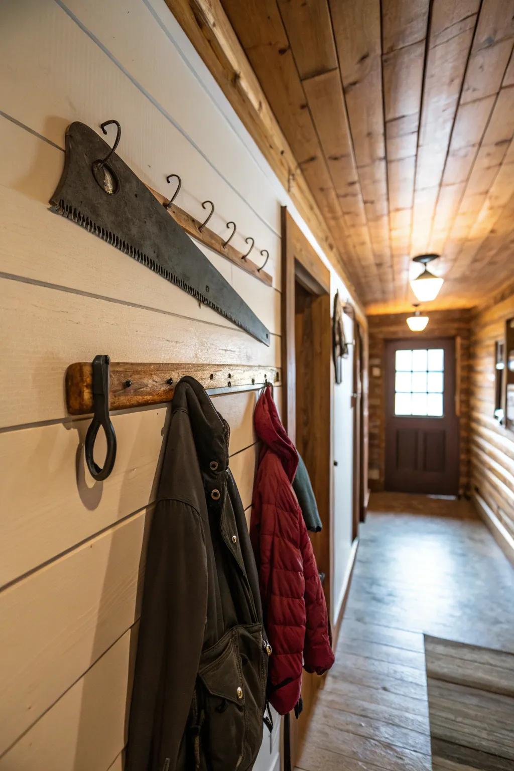 A handsaw re-purposed to become a functional rack for coats.