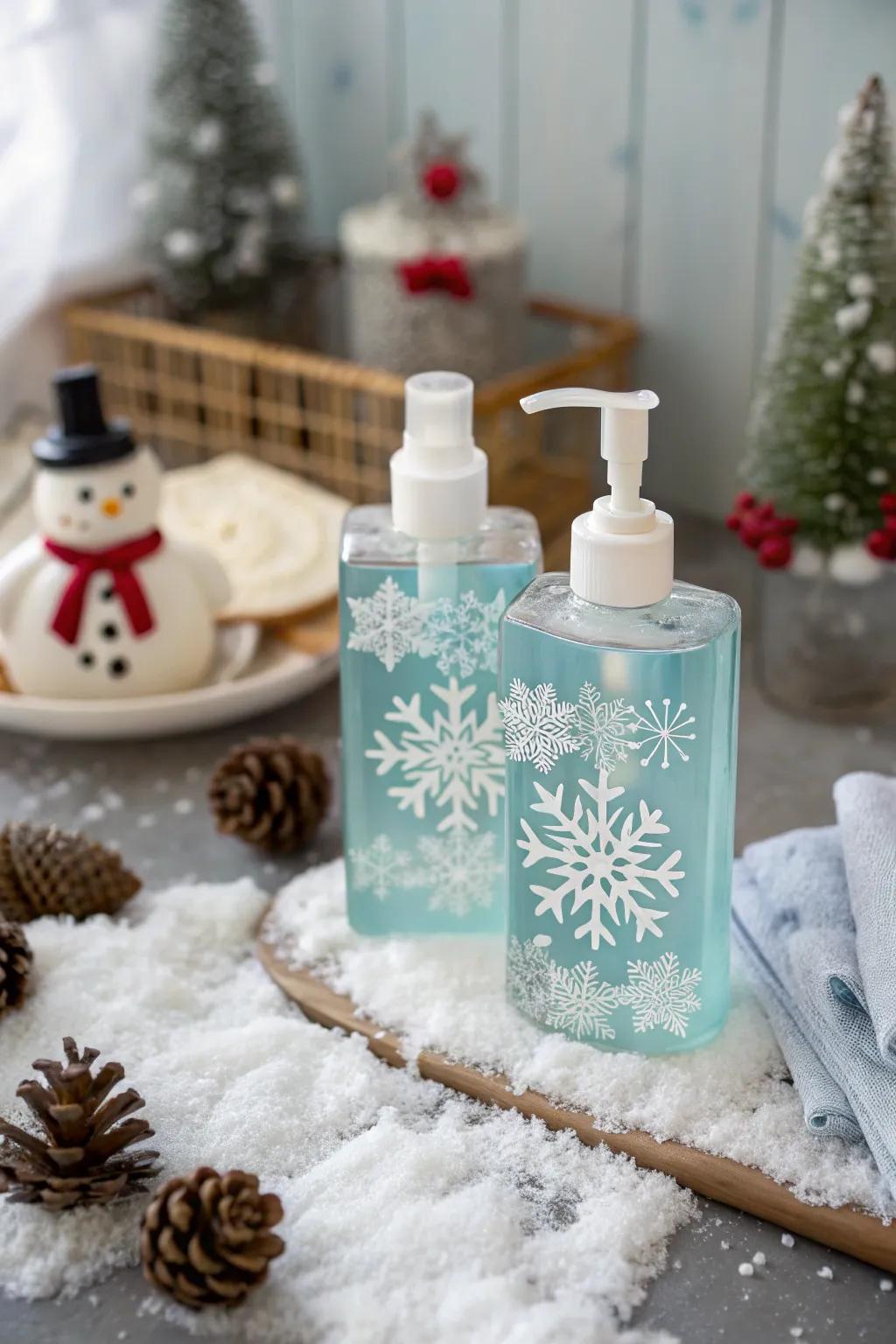 Refined hand soap displaying snowflake designs