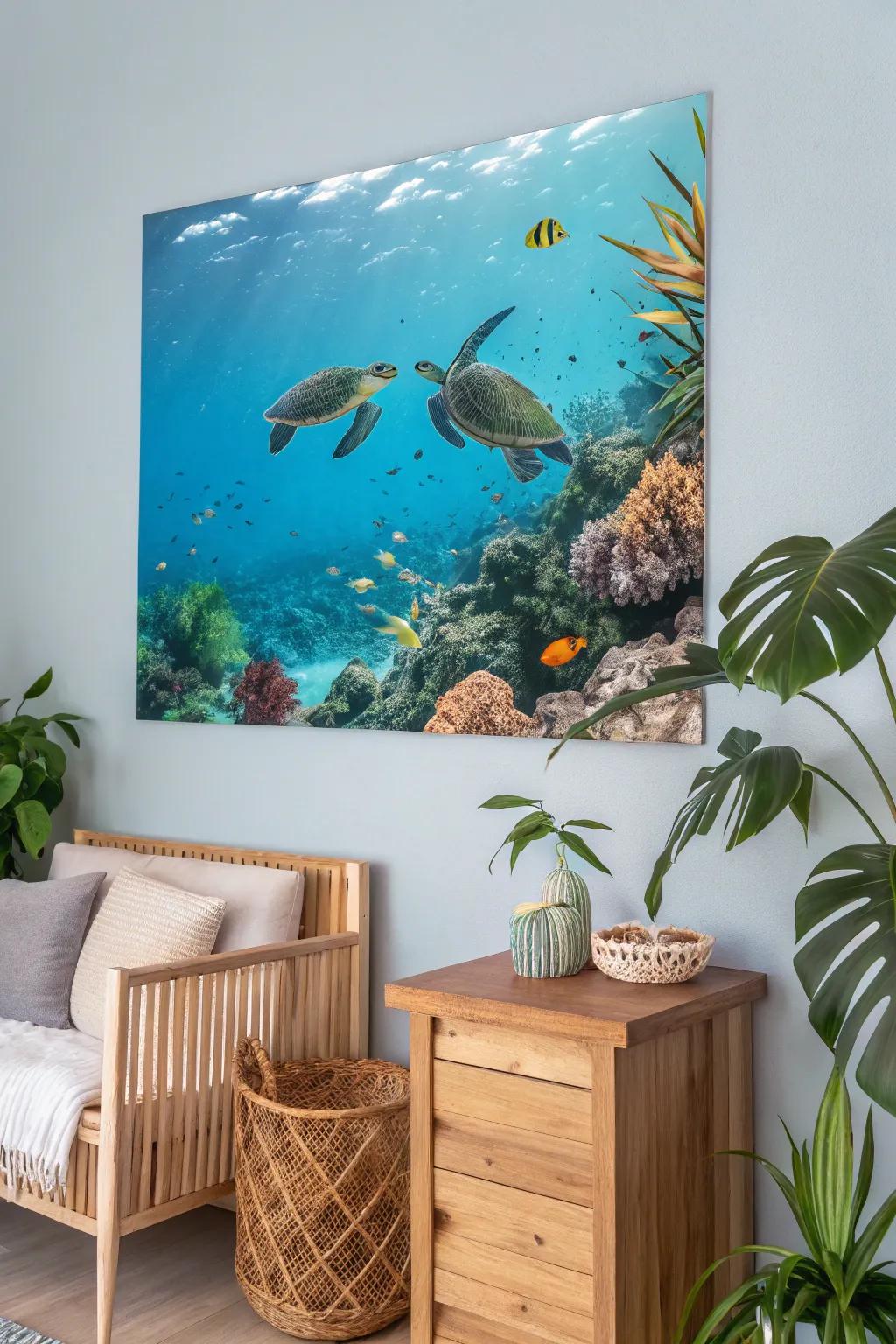 Wall decor showcasing Hawaiian aquatic turtles in a nature-themed space.