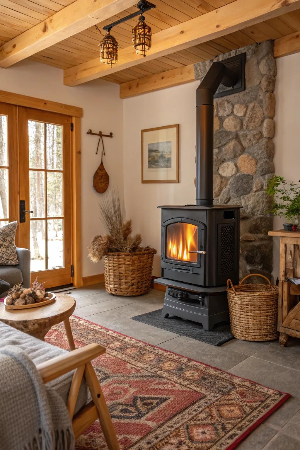 A cozy family room showcasing a refined biomass heater, ideal for sustainable and country-style heating.