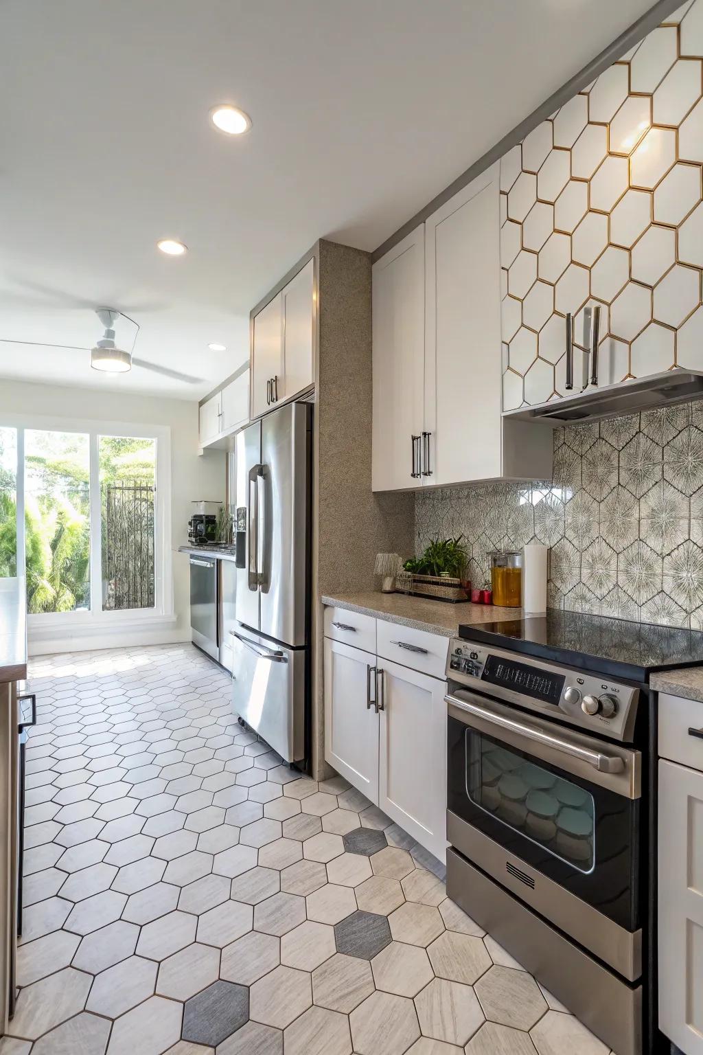 Integrate appliances with hexagon designs for a unified kitchen look.