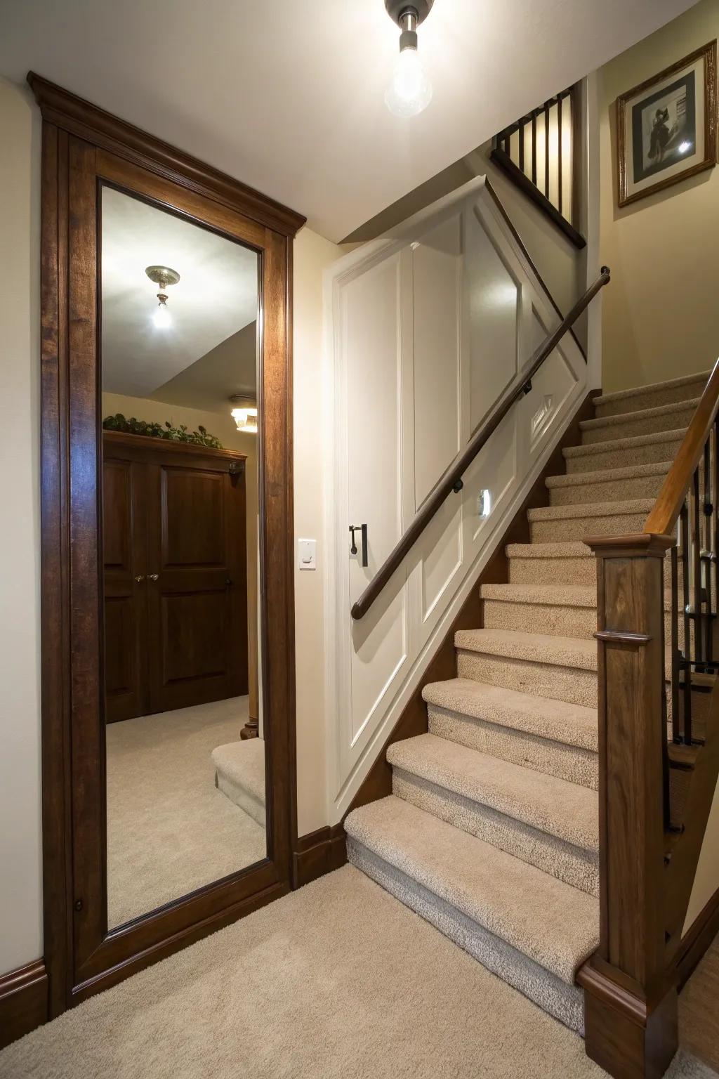 A hidden mirror door close to a staircase introduces an element of surprise.