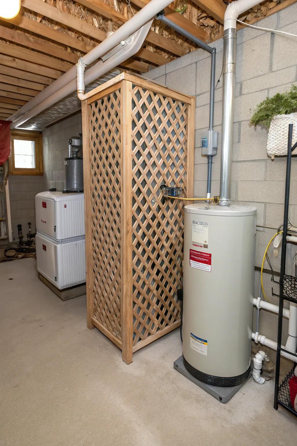 A lattice screen giving a breezy barrier for utility items.