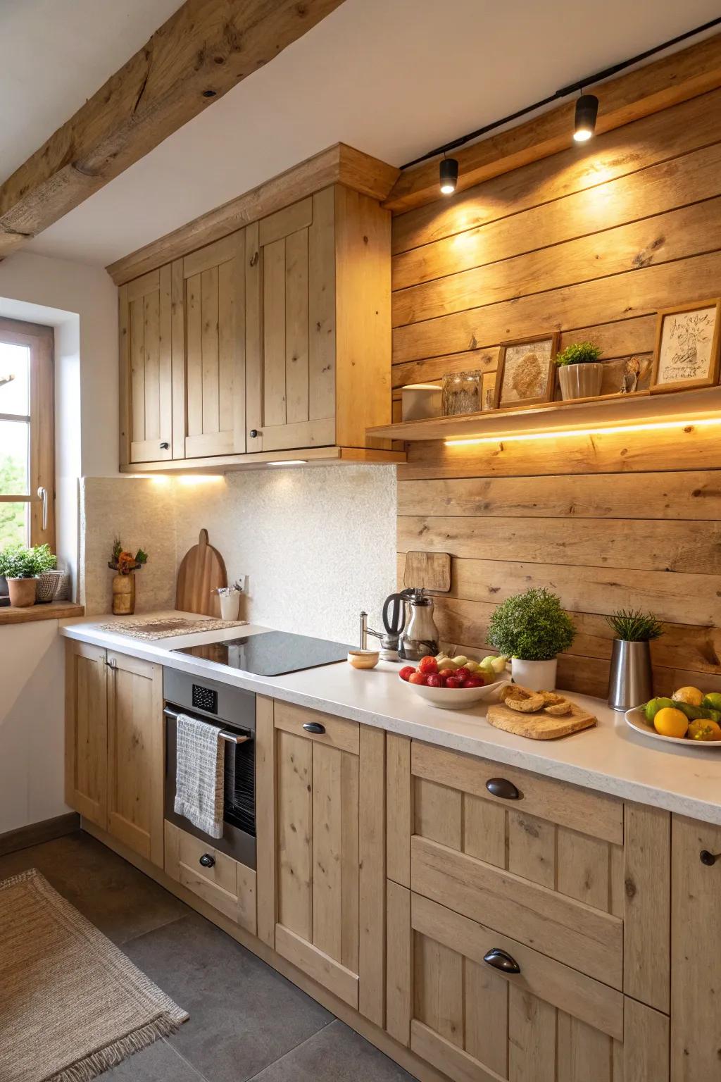 Wooden backsplash provides a unique, welcoming feel.