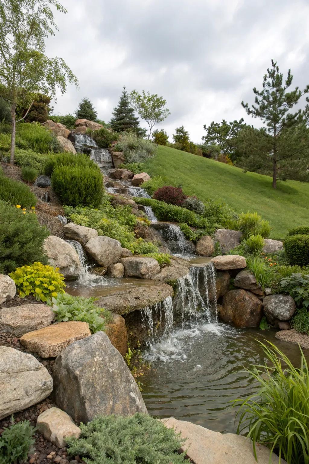 Water features like cascades add tranquility to hillside gardens.
