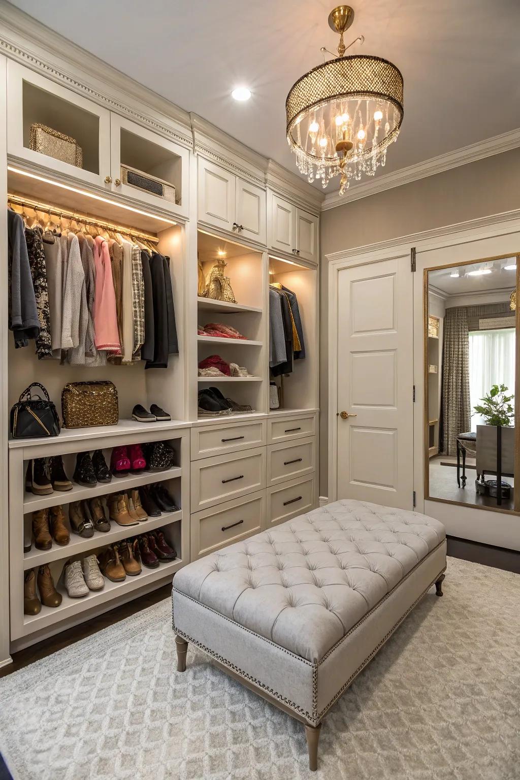 A seating area adds style and comfort to your closet experience.