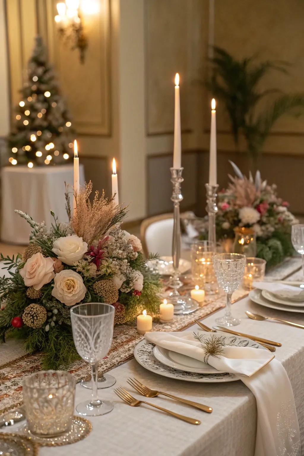 Create an inviting atmosphere with a celebratory dining display.