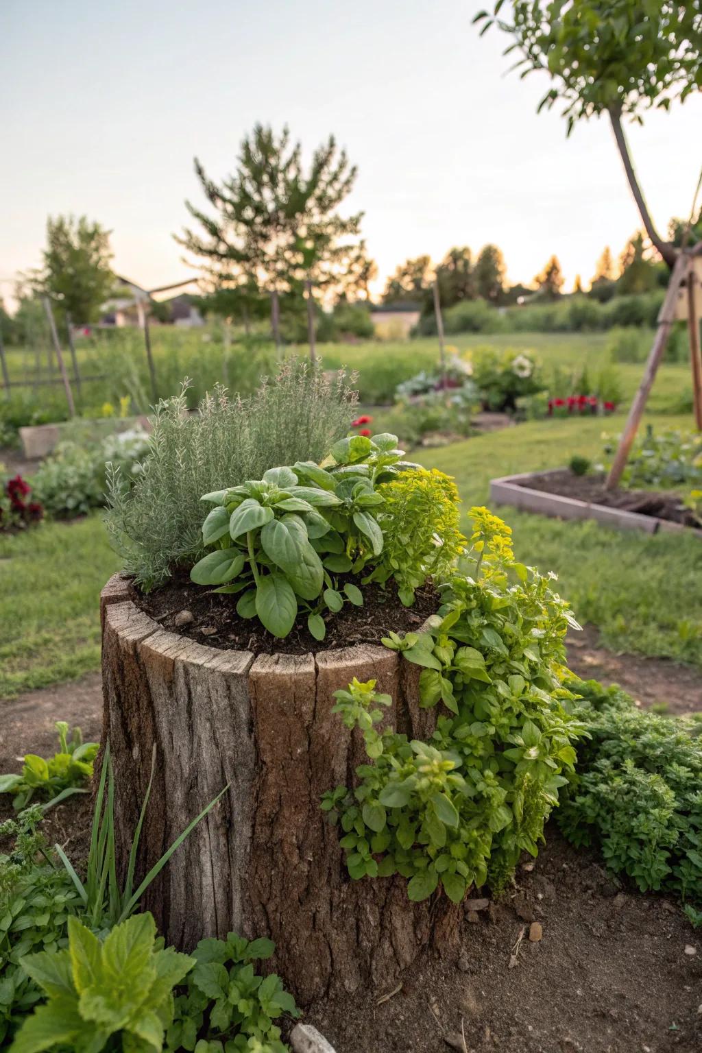 A small flavoring garden suitably fixed in a tree base.