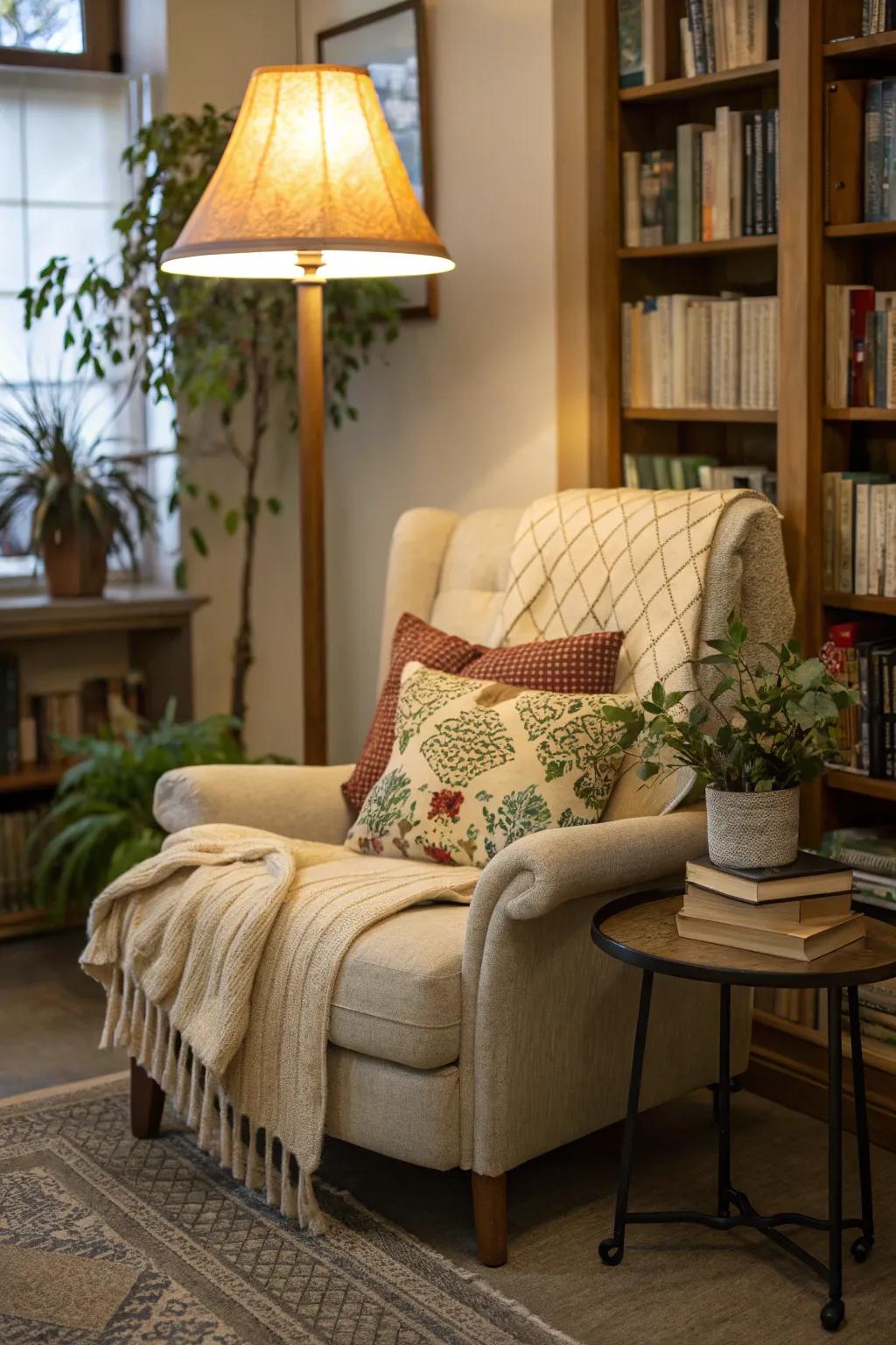 A warm reading spot suitable for relaxing.