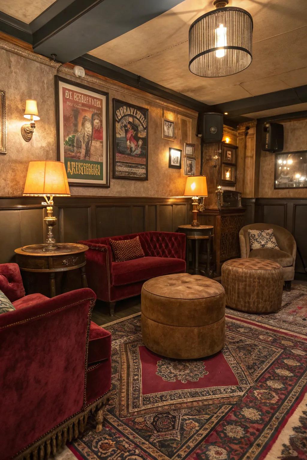 Lavish textures contribute ease and classiness to your home speakeasy.