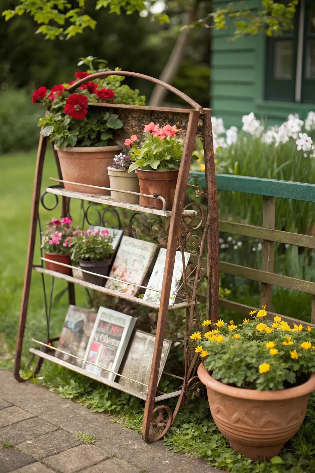 A magazine rack is repurposed as a stylish plant stand.