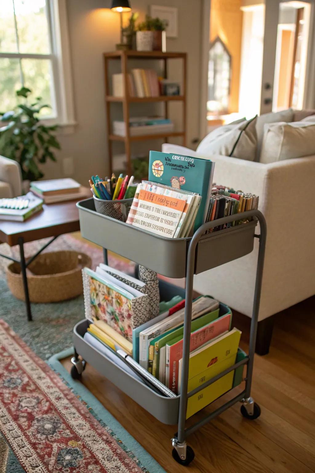 Wheeled carts provide mobility and adaptability for homeschooling anywhere in the house.