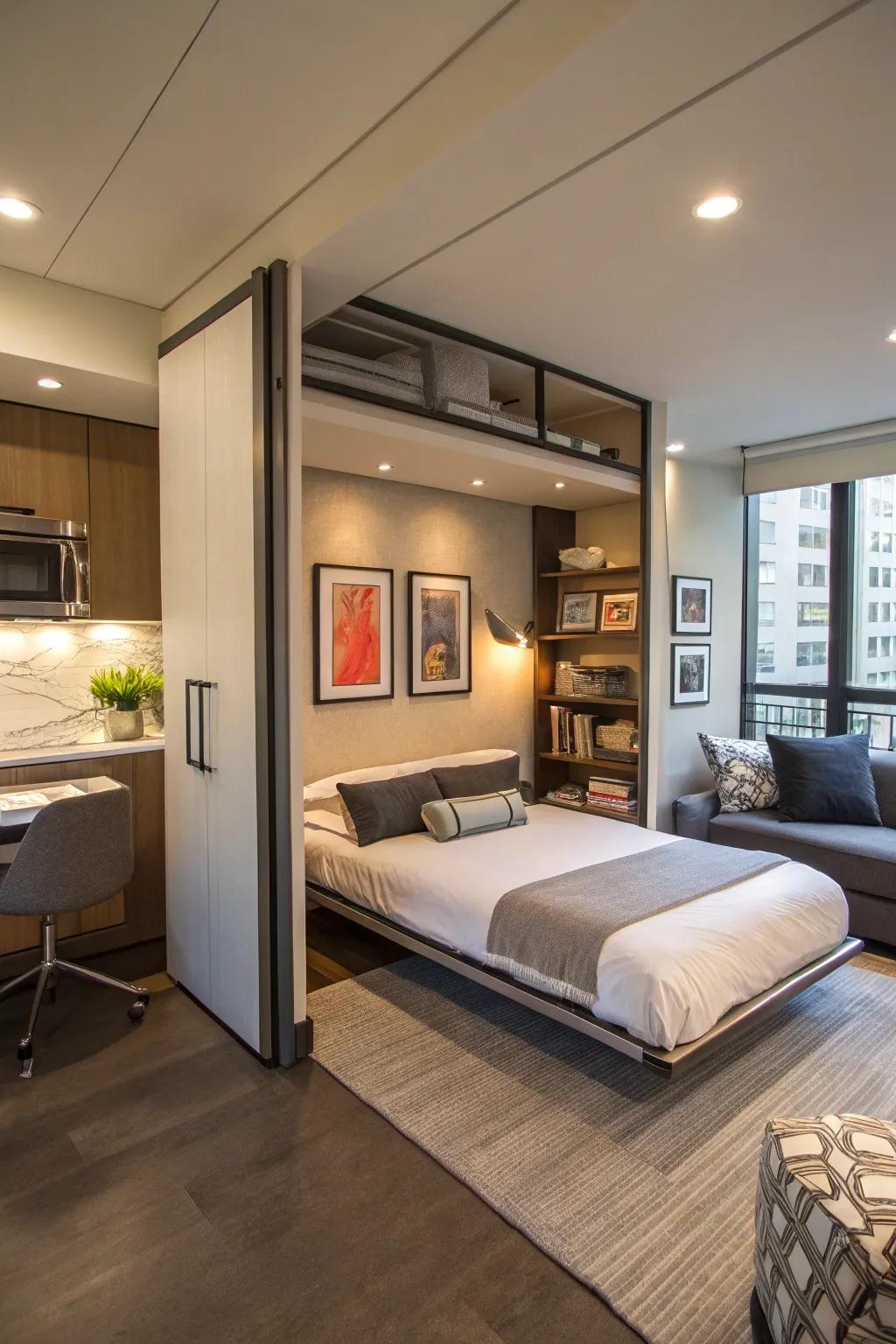 A refined studio apartment featuring a foldaway bed creating a cozy sleeping nook.