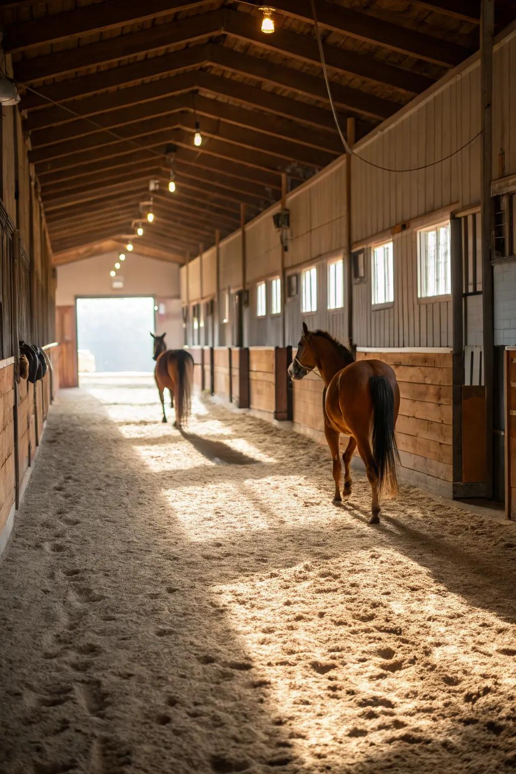 Sand flooring provides a natural and economical solution for barn routes.
