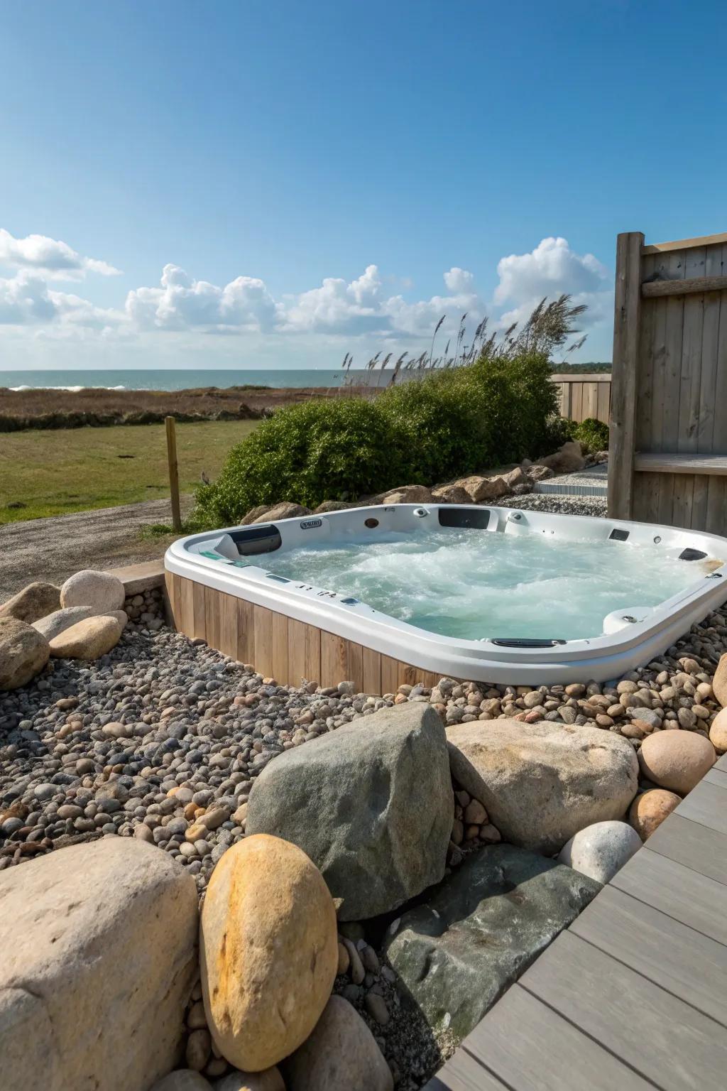 Native stones establish a serene and integrated hot tub setting.
