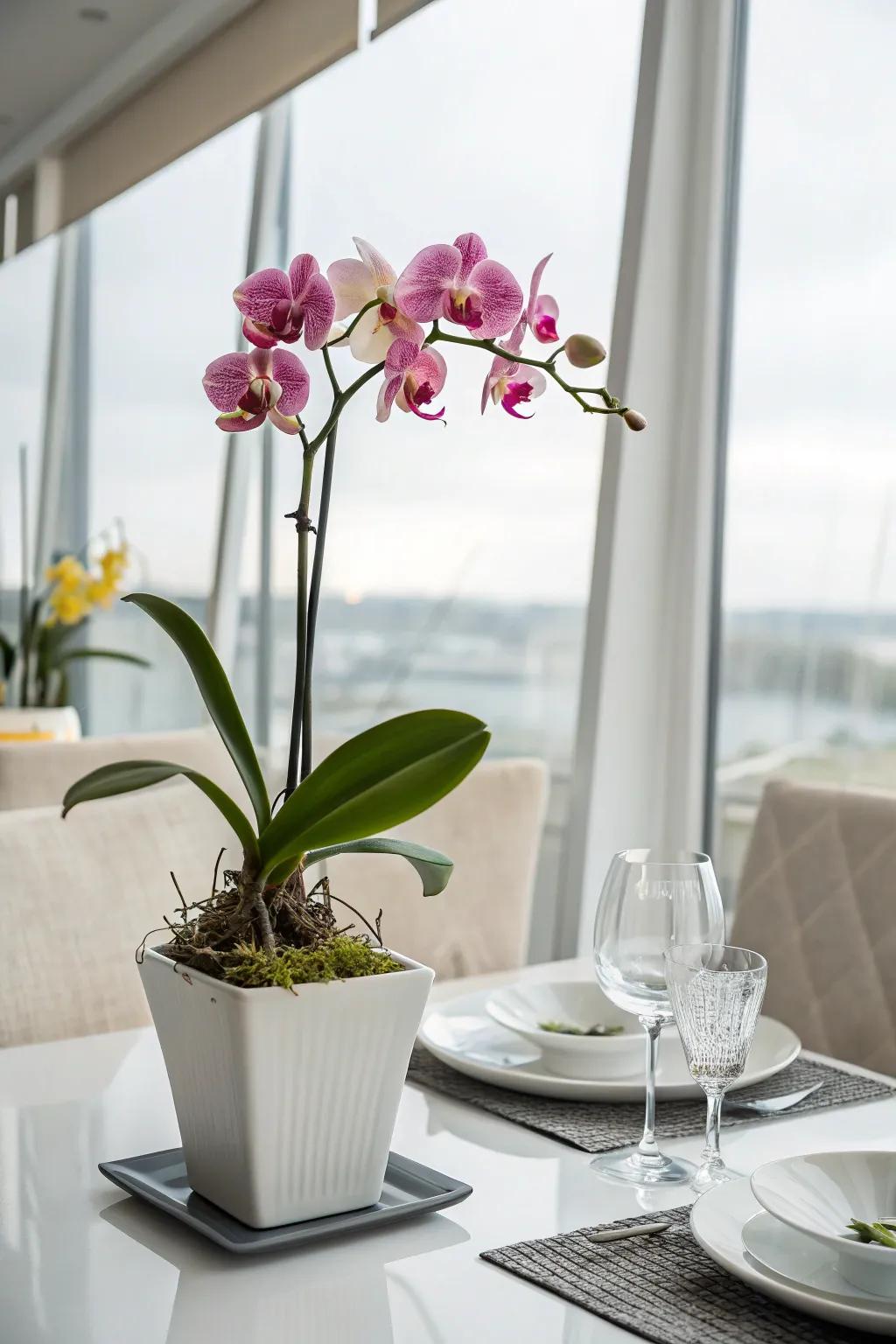 Blooms injecting a refined vibe into the meal area.