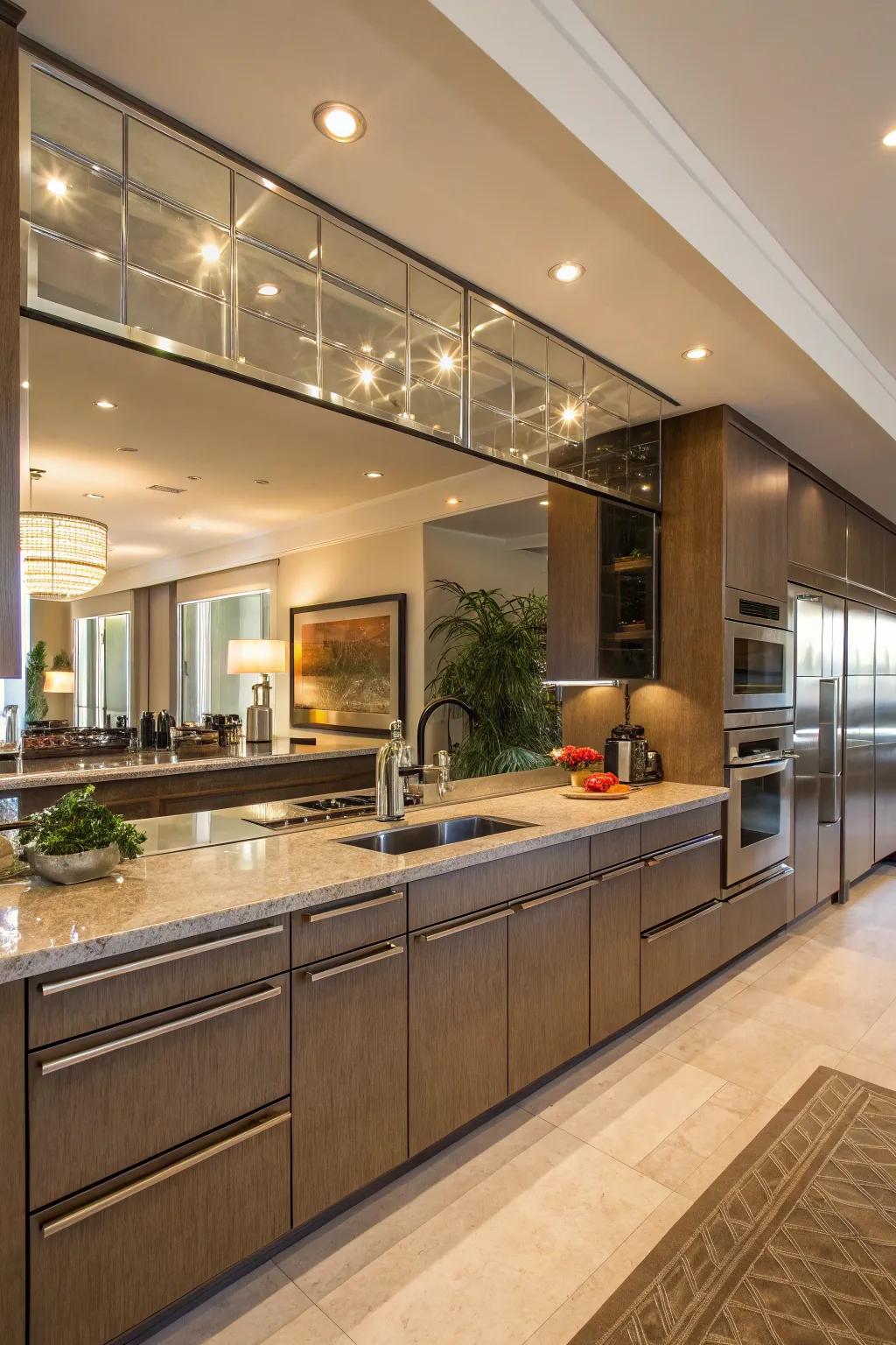 Mirrored backsplashes prove ideal for broadening and brightening cooking spaces.