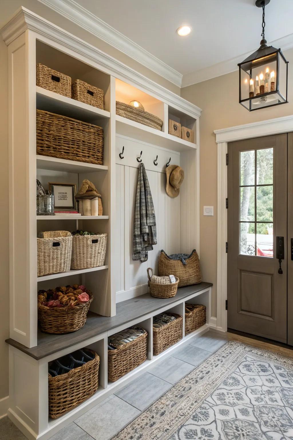 Chic storage keeps the entryway tidy and free from clutter.