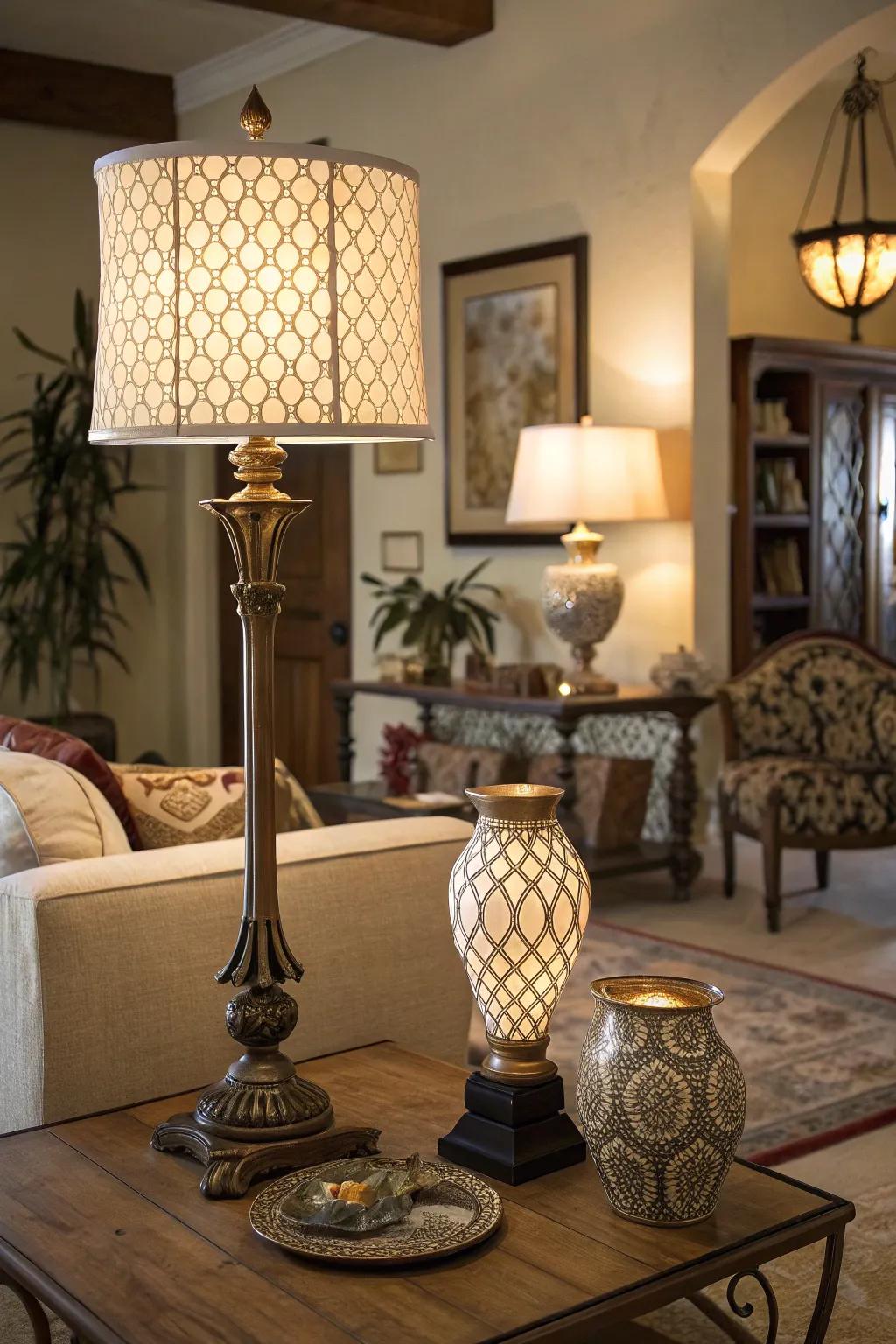A well-lit lounge with a variety of illumination options.