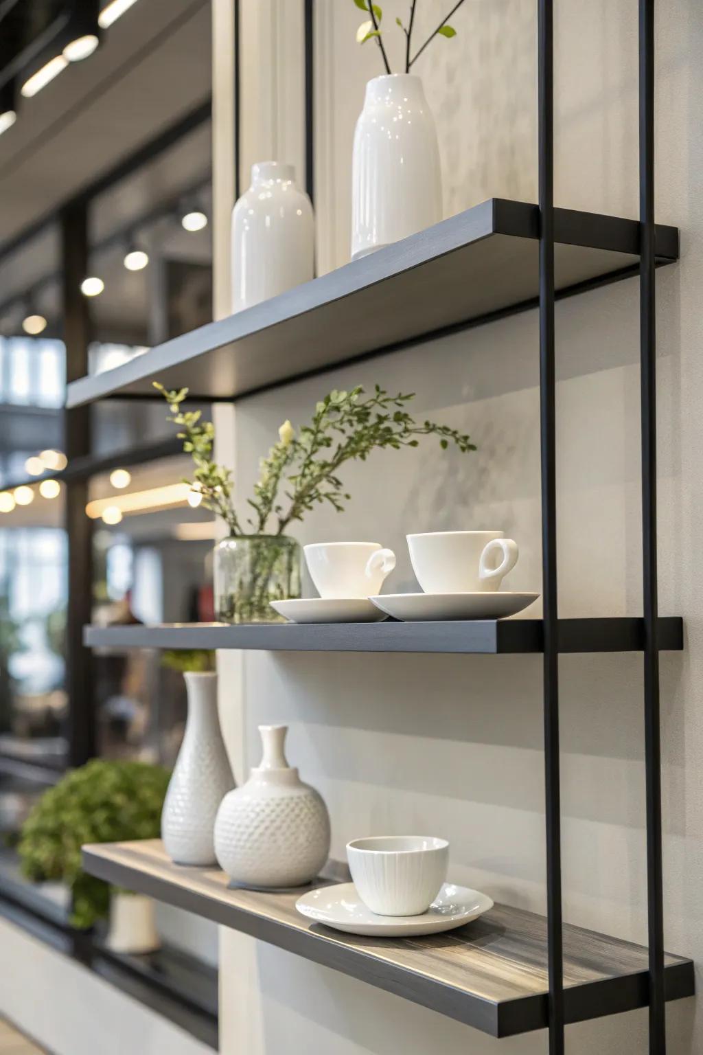 Minimalist drifting shelves gracefully displaying a selection of dishware.