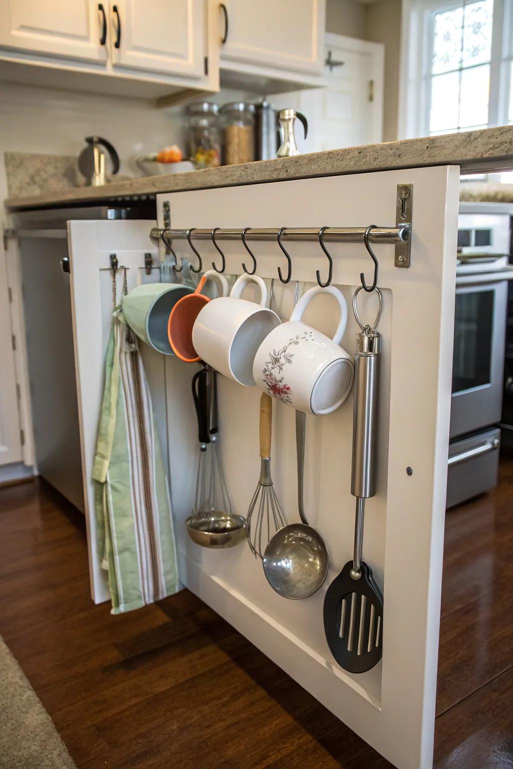 Hooks and racks maximize space on cabinet doors.