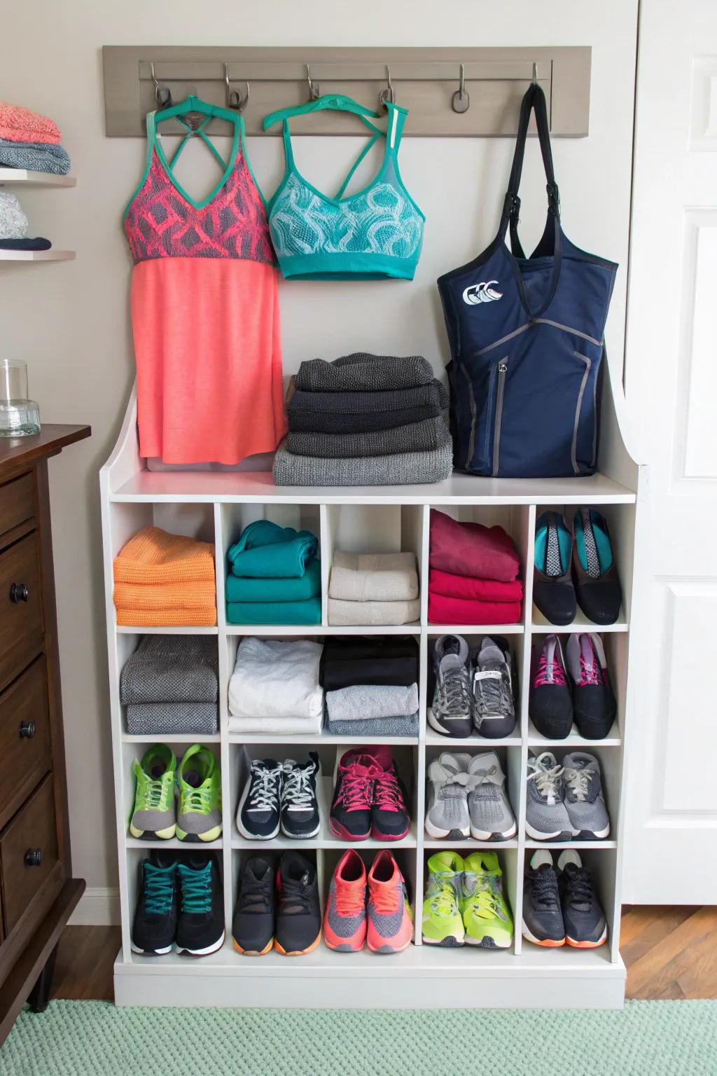 An over-the-door shoe rack doing double duty as a workout gear stash.