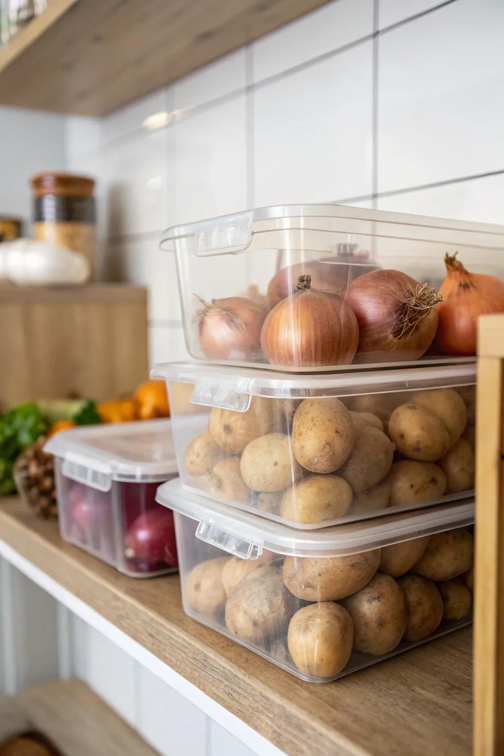 Transparent containers present a sleek and structured method for displaying your produce.