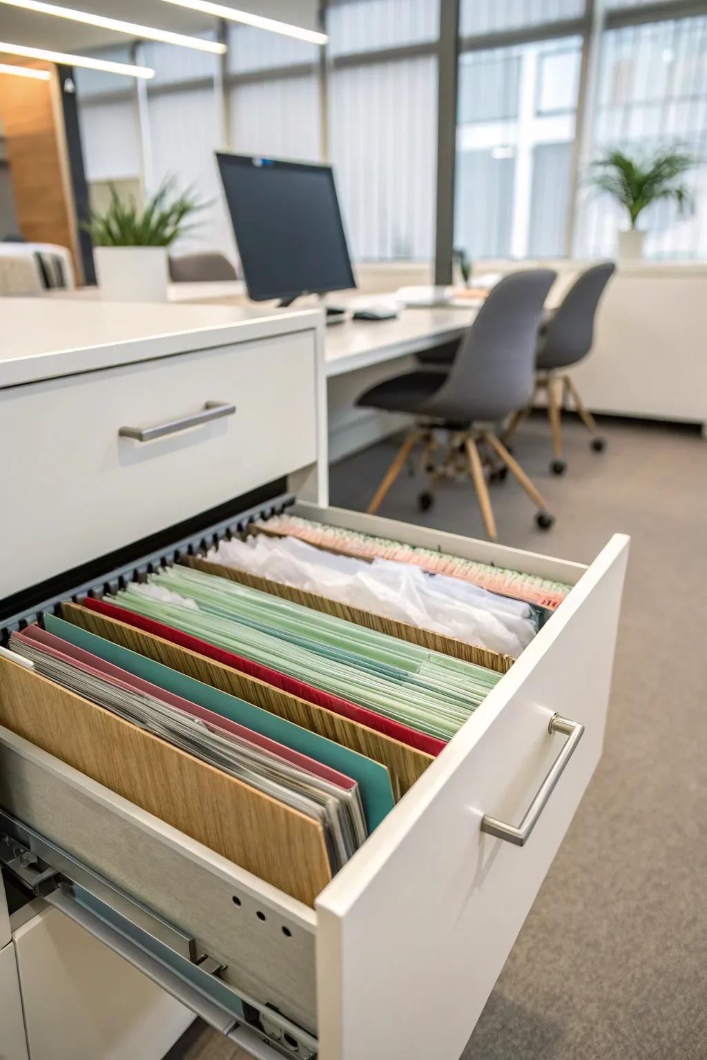 Suspended file folders uphold structured and smudge-free tissue paper.