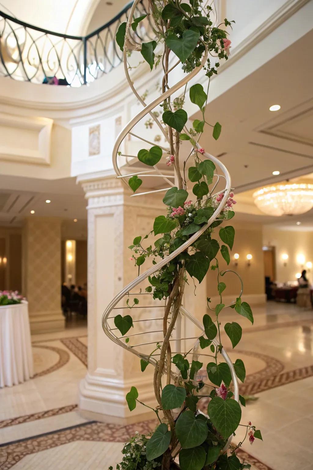 An elegant interior showcasing a wax plant on an imaginative winding support.