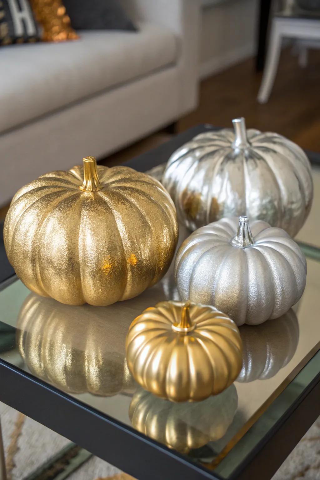 Metallic pumpkins that introduce a modern and luxurious element.