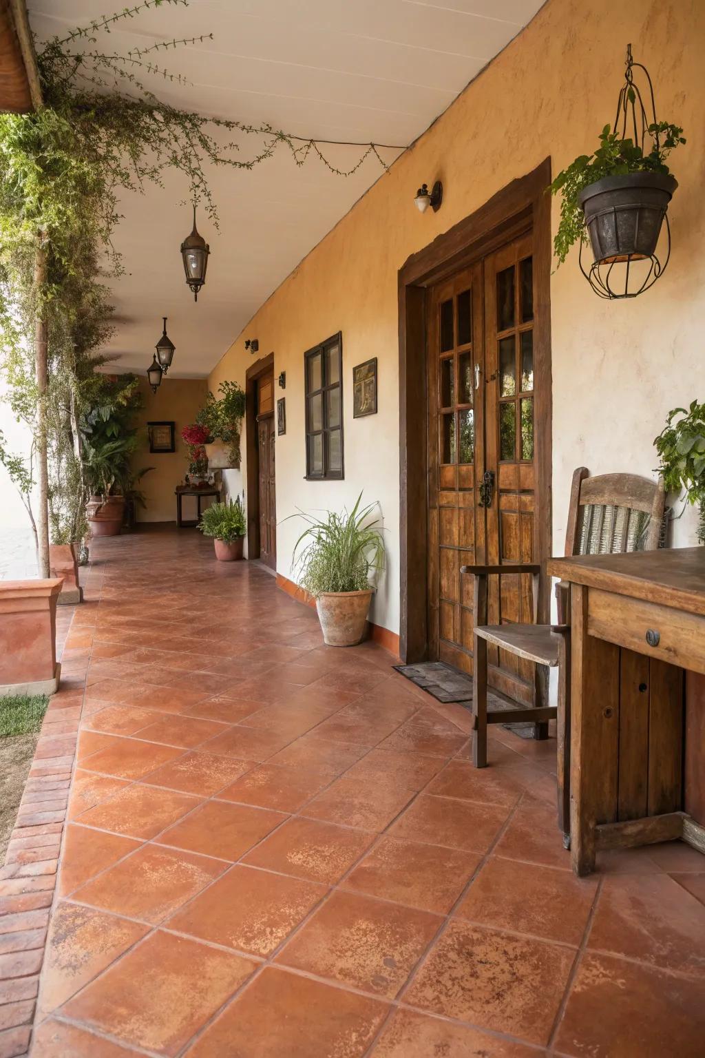 Warm clay tones across a concrete floor contribute an inviting impression to this country-style entrance.