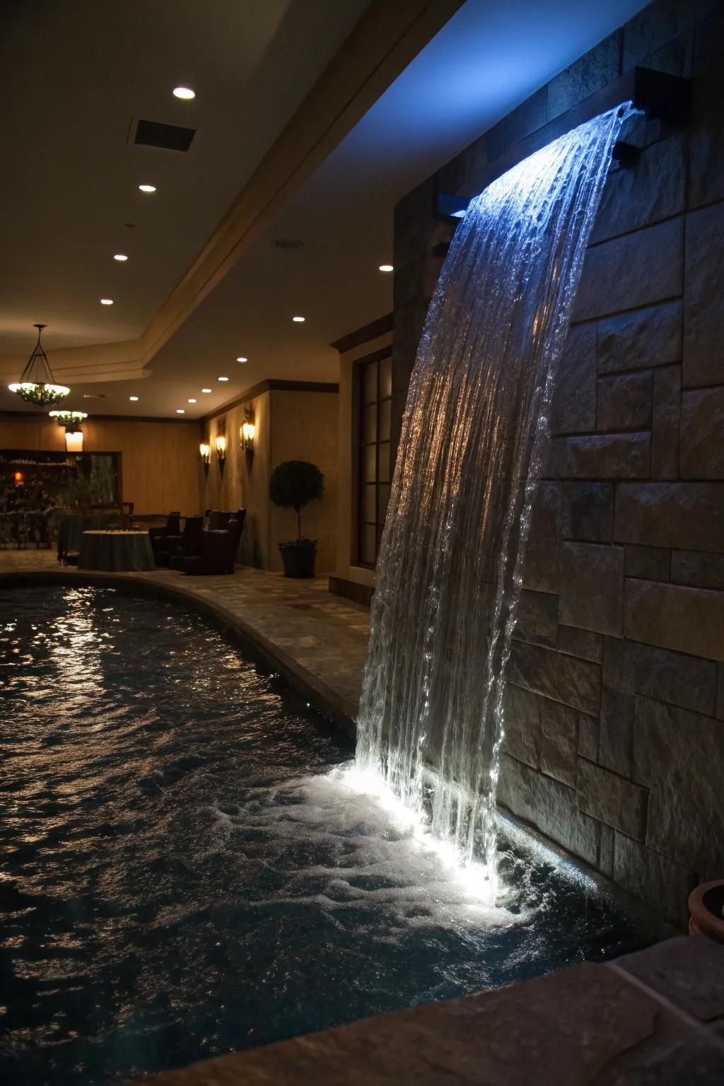Illuminated cascades create a magical atmosphere at night.