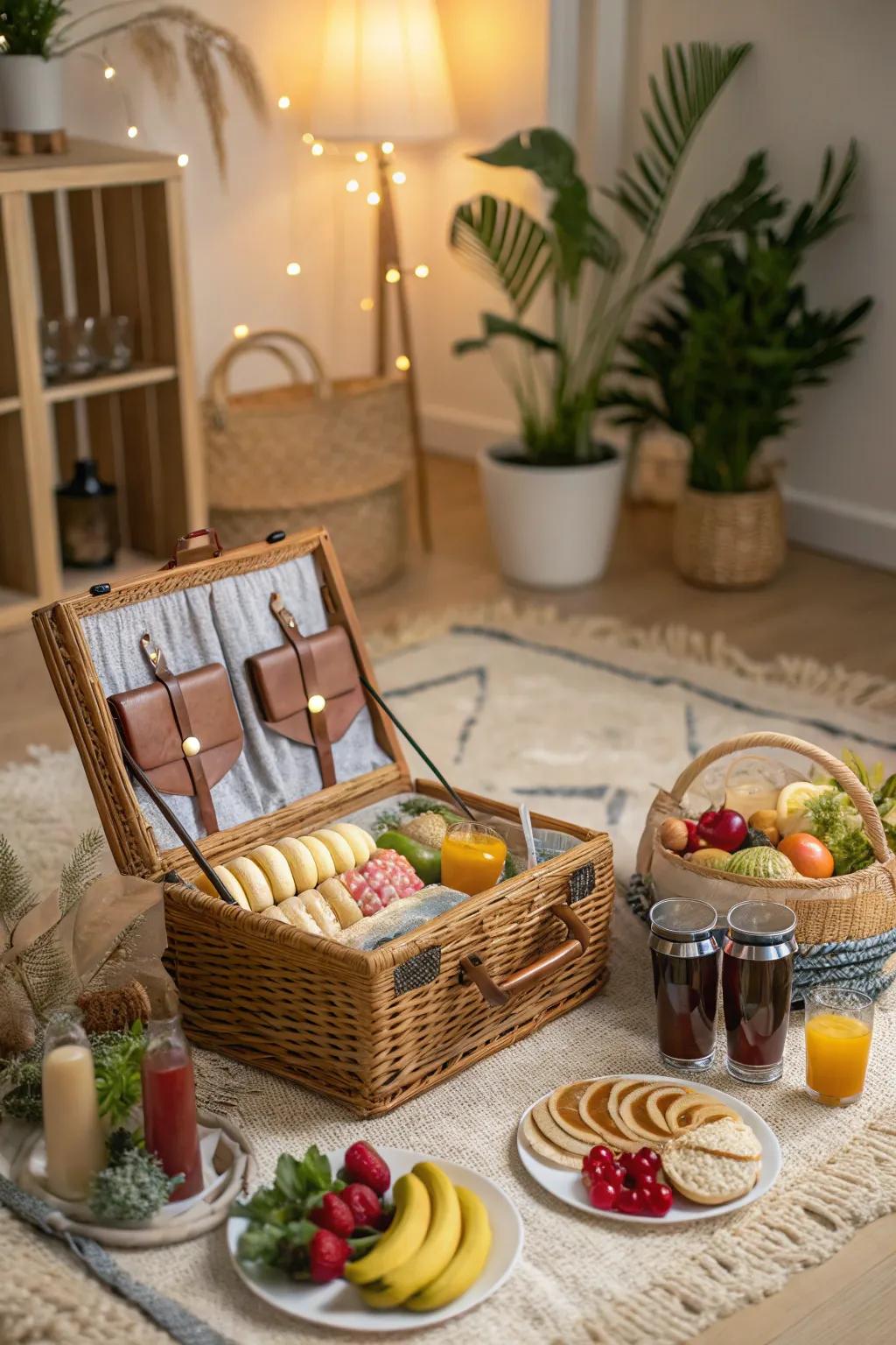 A picnic basket adds a whimsical touch to the indoor picnic.