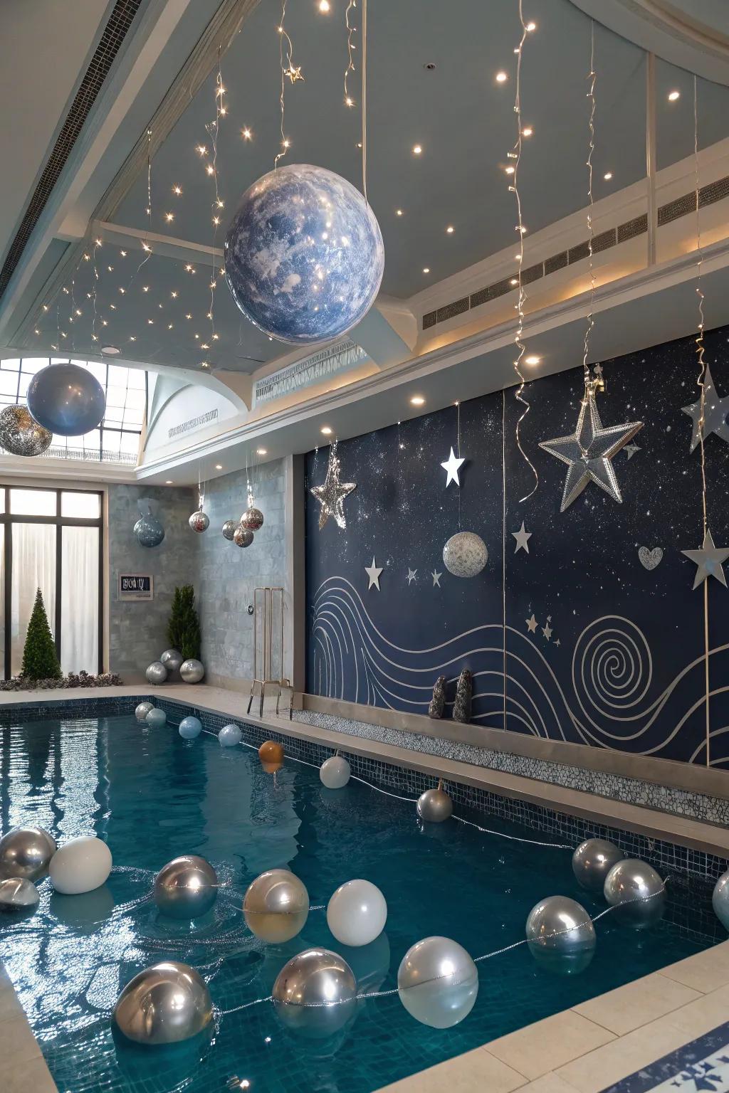 Discover outer space with a modern, space-focused pool party.