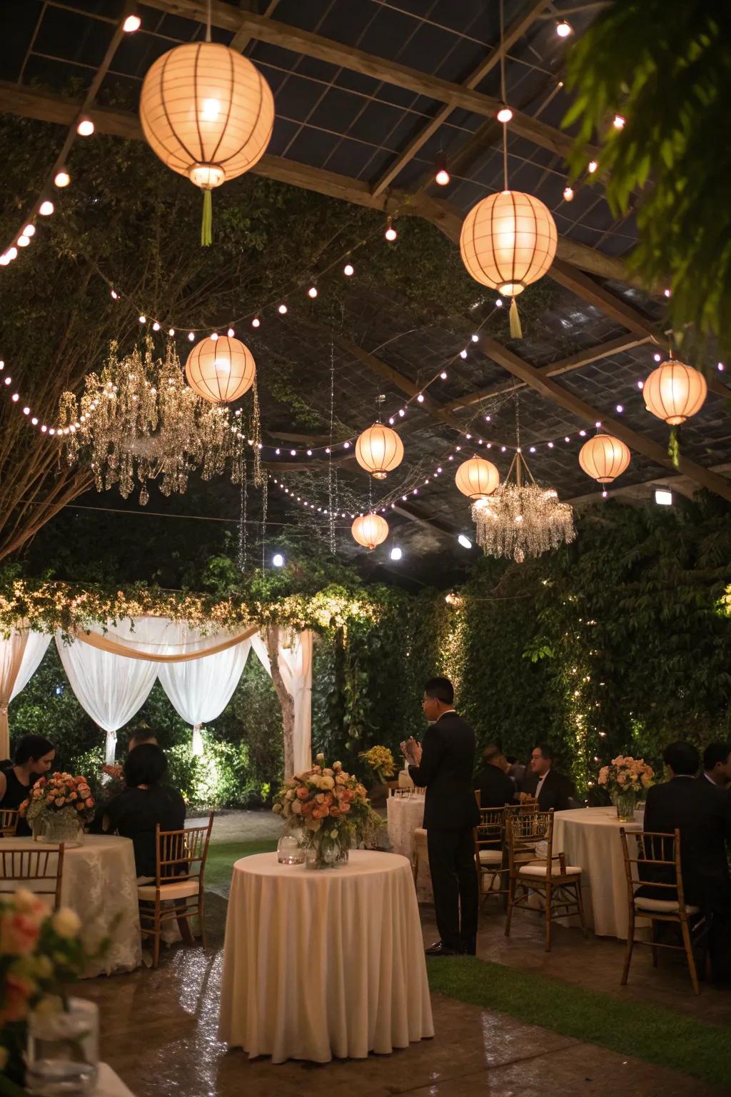 Bundled lights providing a warm and cozy wedding atmosphere.