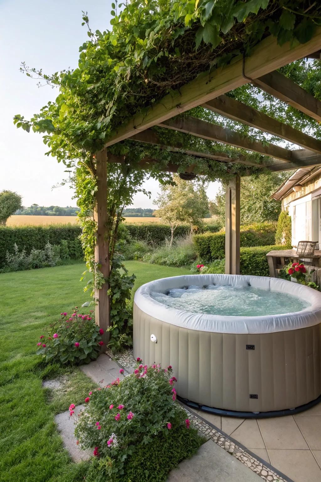 A gazebo offers shade and refinement to this bubbling tub area.