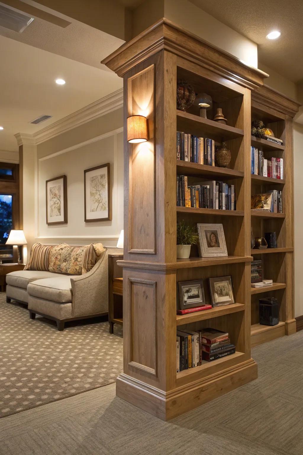 Shelves on columns add design and utility.