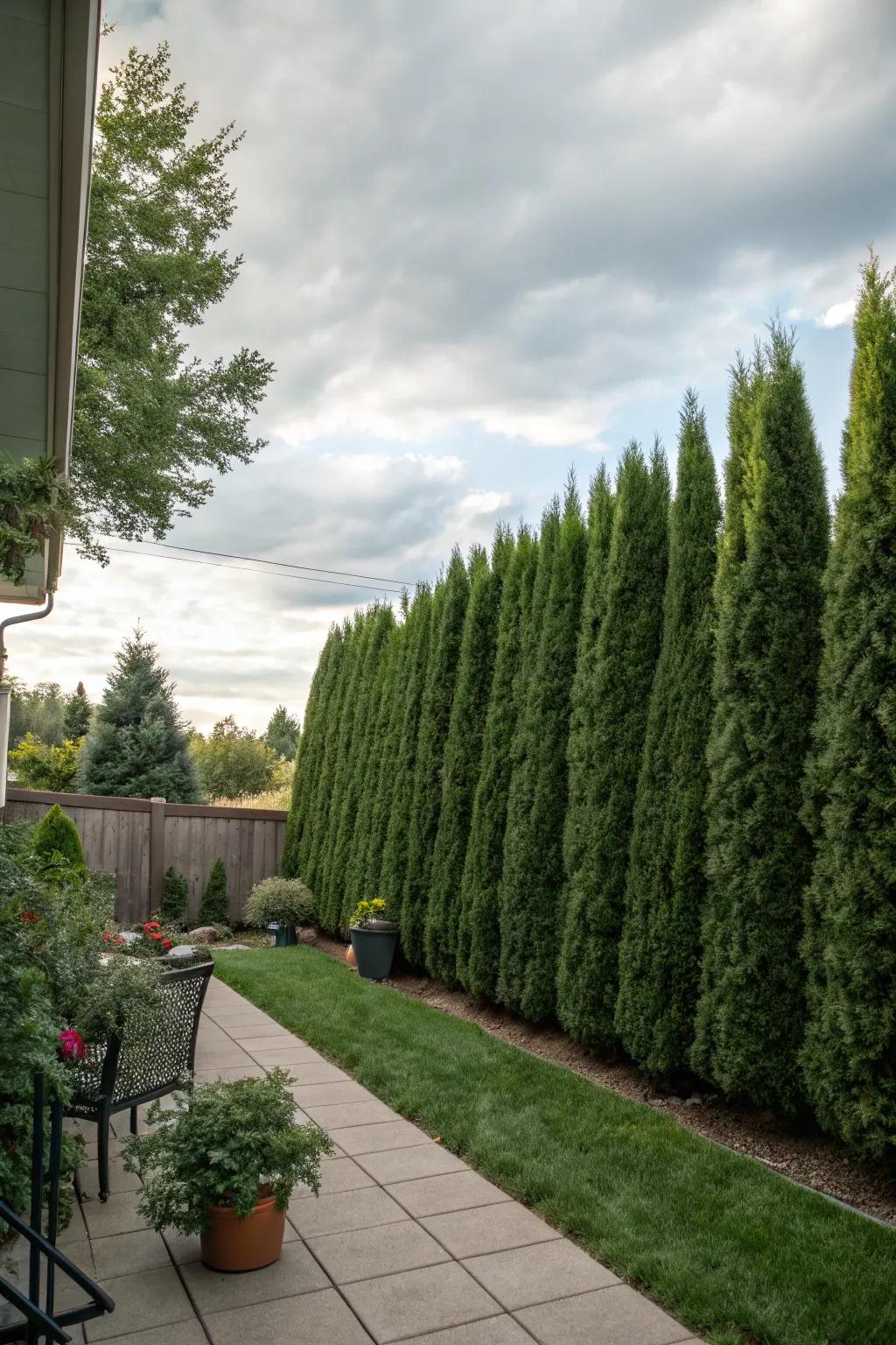 Evergreens forming a natural seclusion screen