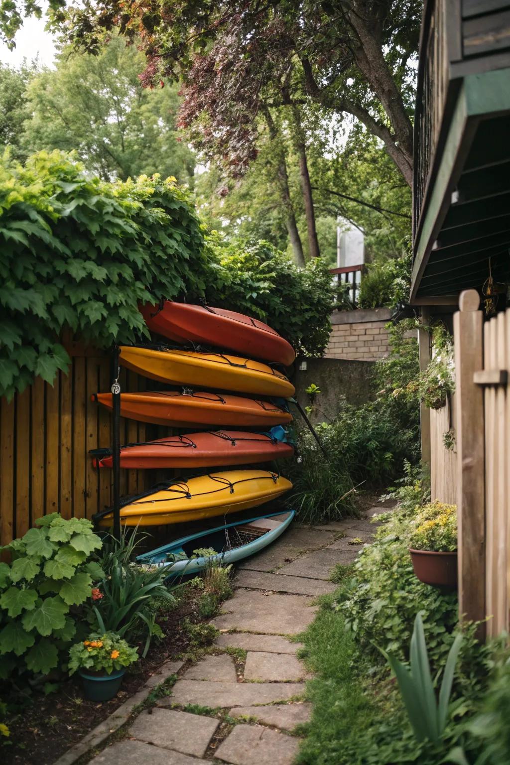 Compact storage for multiple canoes.